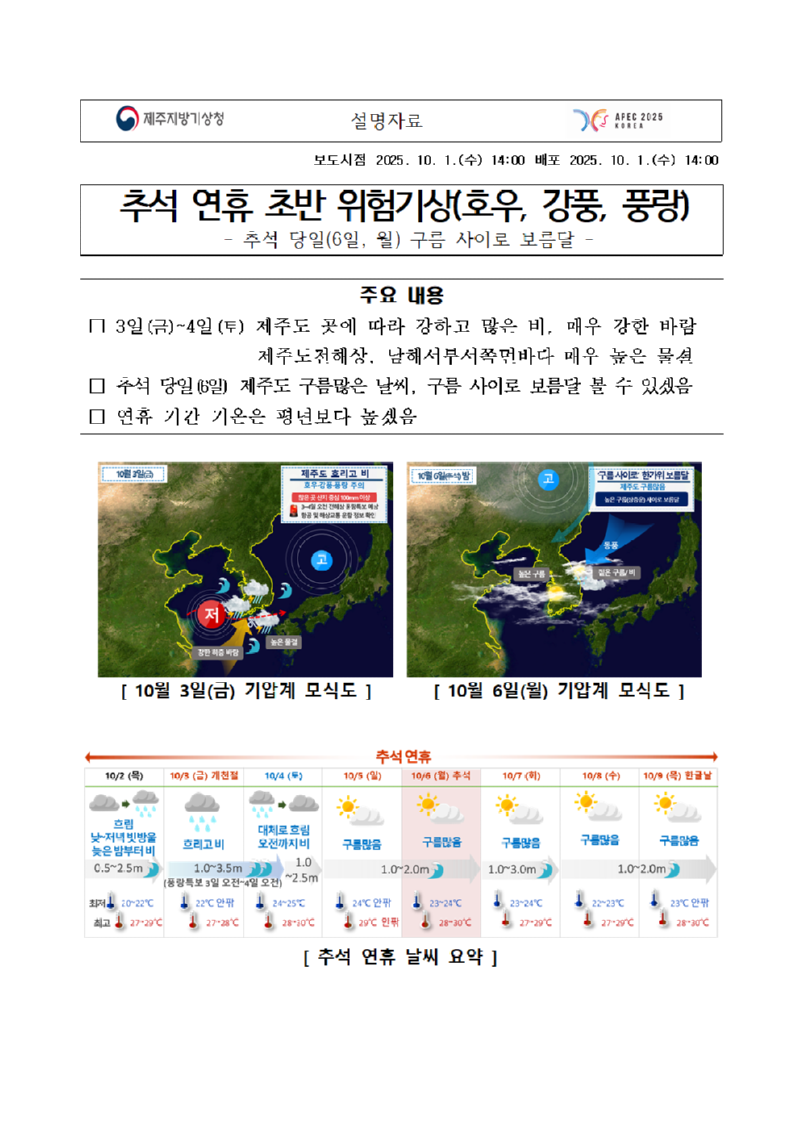 2025년 추석연휴 기상전망은 연휴 초반 위험기상이 있겠고, 추석 당일 구름 사이로 보름달을 볼 수 있다는 설명자료 첫 페이지 캡처본 이미지