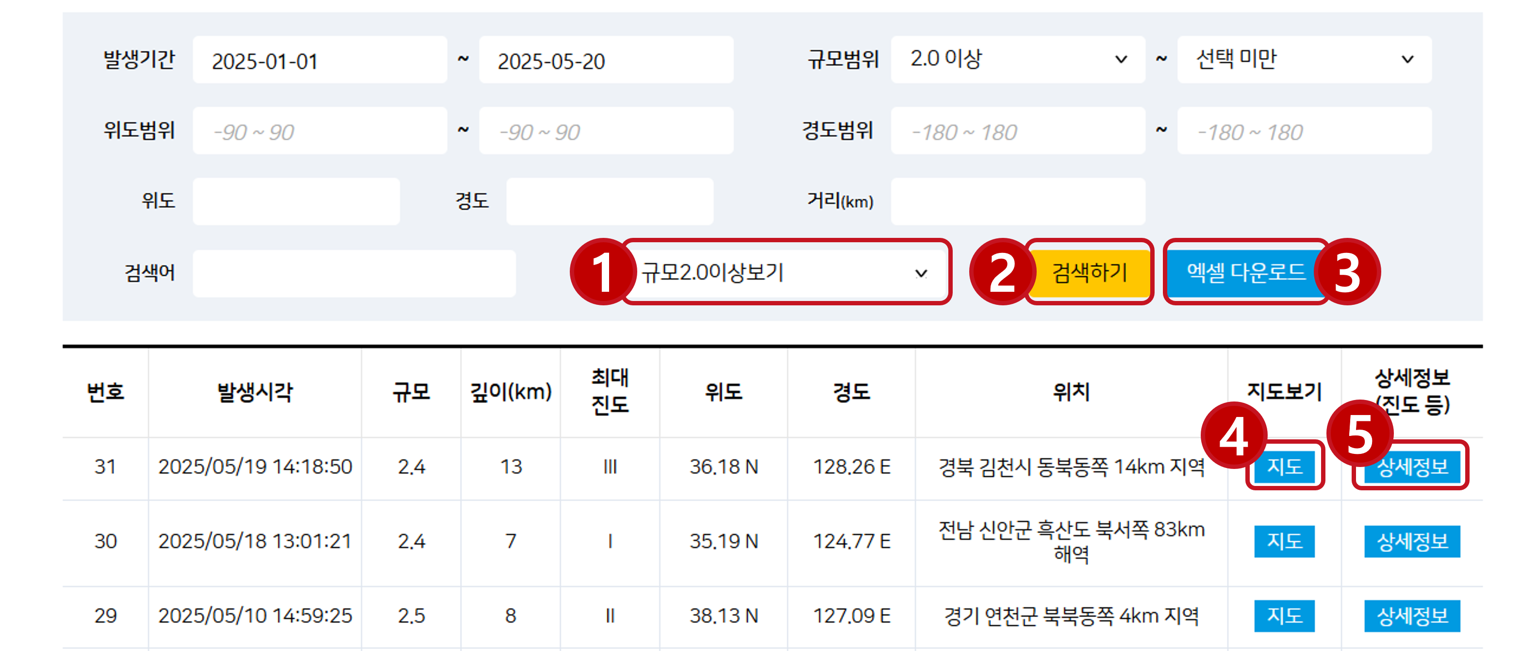 국내지진조회 도움말 예시 이미지