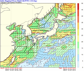 동아시아 해역에 대해 ReWW3(지역파고모델)에 의해 예측된 3시간 간격의 격자점 해상풍과 풍속 예상분포도