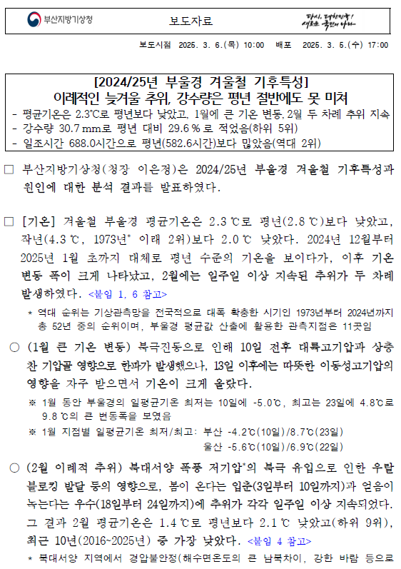 2024-25년 부울경 겨울철 기후특성의 이례적인 늦겨울 추위, 강수량은 평년 절반에도 못 미쳐라는 보도자료 첫페이지 캡쳐이미지
