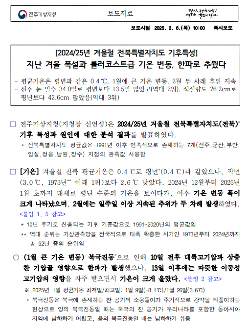 2024-25년 겨울철 전북특별자치도 기후특성 보도자료 첫페이지 캡쳐본 이미지