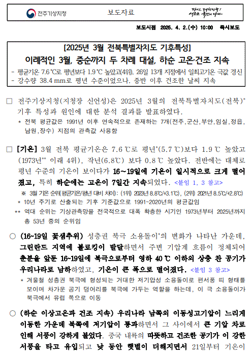 2025년 3월 전북특별자치도 기후특성 보도자료 첫페이지 캡쳐본 이미지