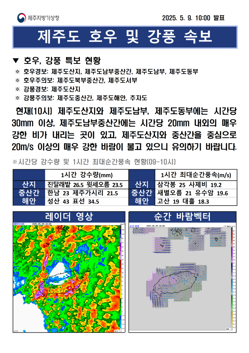 (250509)호우 및 강풍 속보 10시 캡쳐본