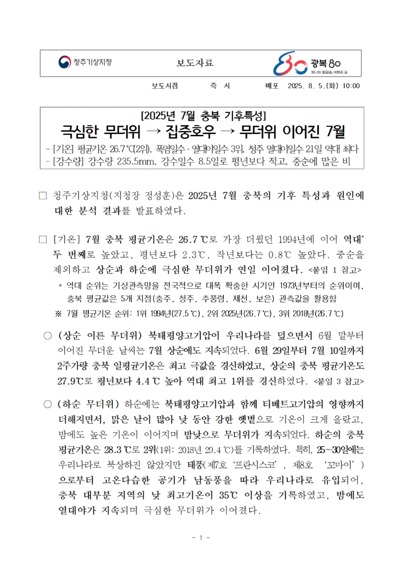 2025년 7월 충북은 상순에 극심한 무더위, 중순에 집중호우, 하순에 다시 무더위 이어져