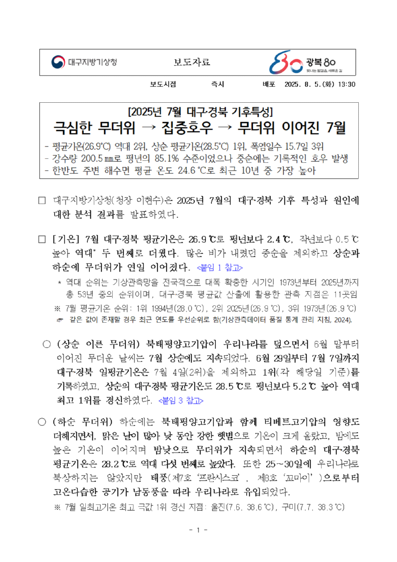 2025년 7월 대구경북 기후특성입니다