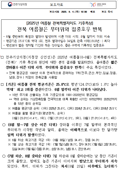 2025년 여름철 전북특별자치도 기후특성 보도자료 첫페이지 캡쳐본 이미지