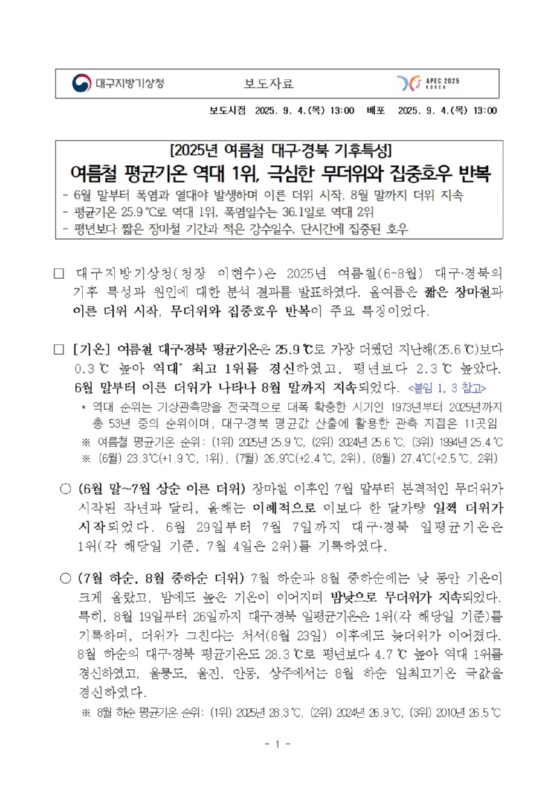 2025년 여름철 대구·경북 기후특성 입니다. 여름철 평균기온 역대 1위로 극심한 무더위와 호우가 반복되었습니다
