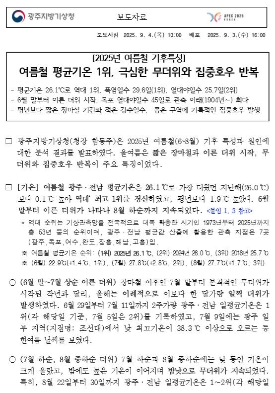 2025년 여름철 기후특성 여름철 평균기온1위, 극심한 무더위와 집중호우 반복