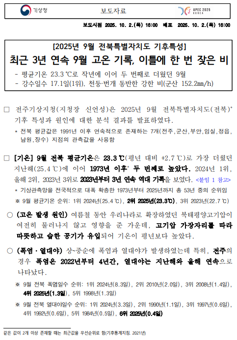 2025년 9월 전북특별자치도 기후특성 보도자료 첫페이지 캡쳐본 이미지