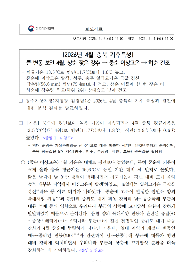큰 변동 보인 충북의 4월, 상순 잦은 강수, 중순 이상고온, 하순 건조