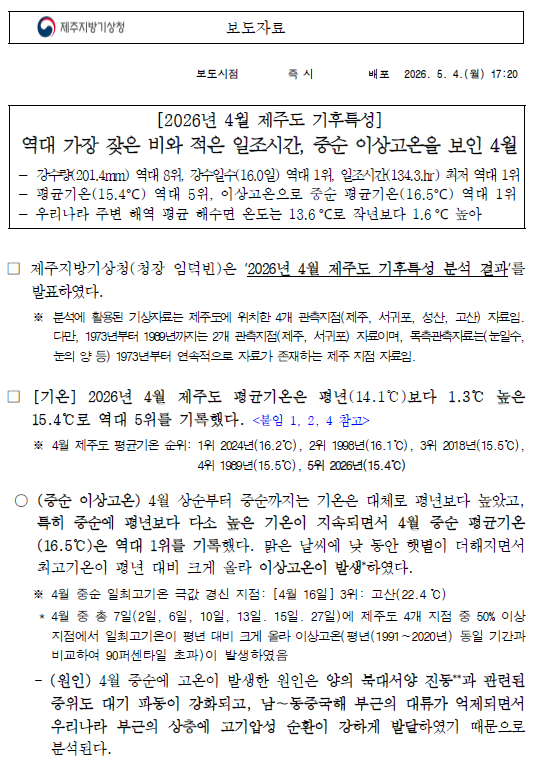 4월 제주도 기후특성은 역대 가장 잦은 비와 적은 일조시간, 중순 이상고온이었다는 보도자료의 첫 페이지 캡쳐본