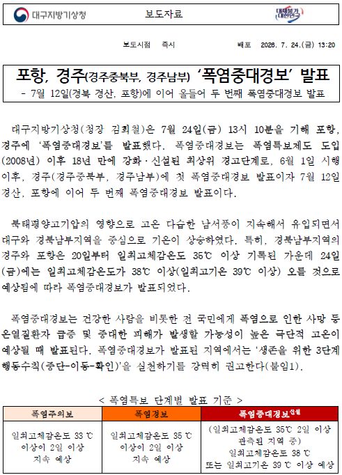 포항, 경주(경주중북부, 경주남부) 폭염중대경보 발표 보도자료 입니다.png