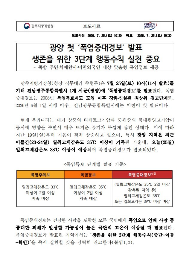 전남광주 첫 폭염중대경보 발표