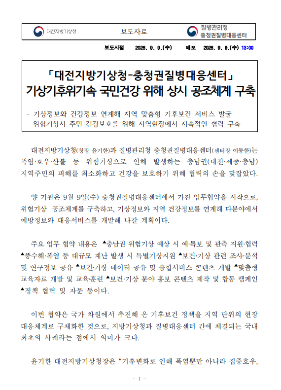 대전지방기상청-충청권질병대응센터, 기상기후위기속 국민건강 위해 상시 공조체계 구축. 대전지방기상청(청장 윤기한)과 질병관리청 충청권질병대응센터(센터장 이동한)는 폭염·호우·산불 등 위험기상으로 인해 발생하는 충남권(대전·세종·충남) 지역주민의 피해를 최소화하고 건강을 보호하기 위해 협력의 손을 맞잡았다. 양 기관은 9월 9일 수요일 충청권질병대응센터에서 가진 업무협약을 시작으로, 위험기상공조체계를 구축하고, 기상정보와 지역 건강정보를 연계해 다분야에서 예방정보와 대응서비스를 개발해 나갈 계획이다. 주요 업무 협약 내용은 충남권 위험기상 예상 시 예·특보 및 관측 지원·협력, 풍수해·폭염 등 대규모 재난 발생 시 특별기상지원, 보건·기상 관련 조사·분석 및 연구정보 공유, 보건‧기상 데이터 공유 및 융합서비스 콘텐츠 개발, 맞춤형 교육자료 개발 및 교육‧훈련, 보건·기상 분야 홍보 콘텐츠 제작 및 합동 캠페인, 정책 협력 및 자문 등이다. 이번 협약은 국가 차원에서 추진해 온 기후보건 정책을 지역 단위의 현장 대응체계로 구체화한 것으로, 지방기상청과 질병대응센터 간에 체결되는 국내 최초의 사례라는 점에서 의미가 크다. 윤기한 대전지방기상청장은 기후변화로 인해 폭염뿐만 아니라 집중호우,한파 등 대규모 위험기상으로 인한 사회·경제적 피해와 건강위험이 커지고 있다며, 시민의 일상적인 건강을 보호하기 위해, 위험기상 정보를 적극 지원하고, 충청권질병대응센터와의 공조체계 구축과 협력으로 보건에 관련된 기상서비스를 더욱 강화해 나가겠다고 말했다. 이동한 충청권질병대응센터장은 이번 협약은 그동안 대전지방기상청과 함께 추진해 온 교류와 현장 경험이 지속적인 협력체계로 발전했다는데 의미가 있다며, 앞으로 기상정보와 지역 건강정보를 유기적으로 연계해 기후위기로 인한 건강위험에 선제적으로 대응하겠다고 밝혔다.