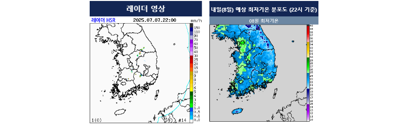 레이더 영상, 내일 예상최저기온 분포도