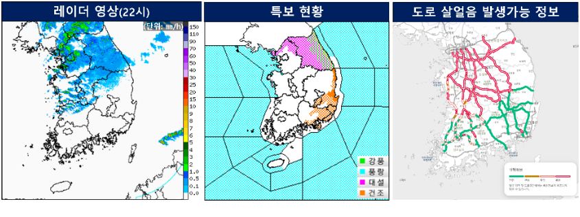 레이더 영상, 특보 현황, 도로 살얼음 발생가능 정보