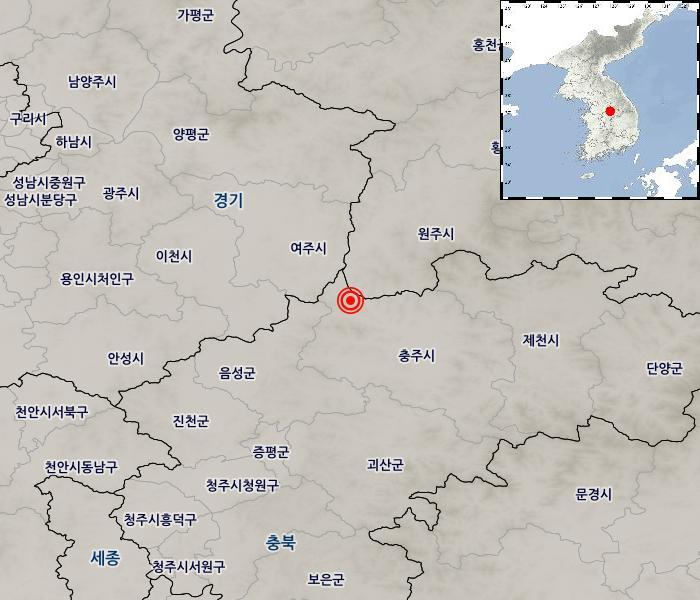 지진 발생위치 충북 충주시 북서쪽 22km 지역