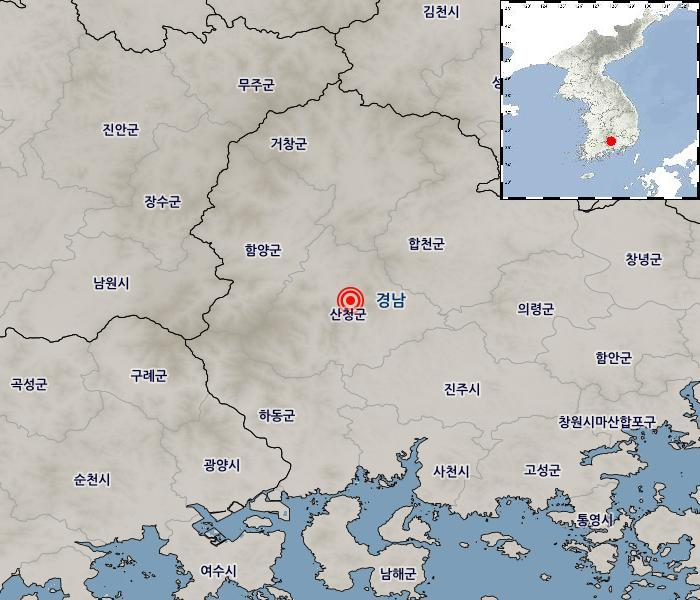 지진 발생위치 경남 산청군 동남동쪽 4km 지역