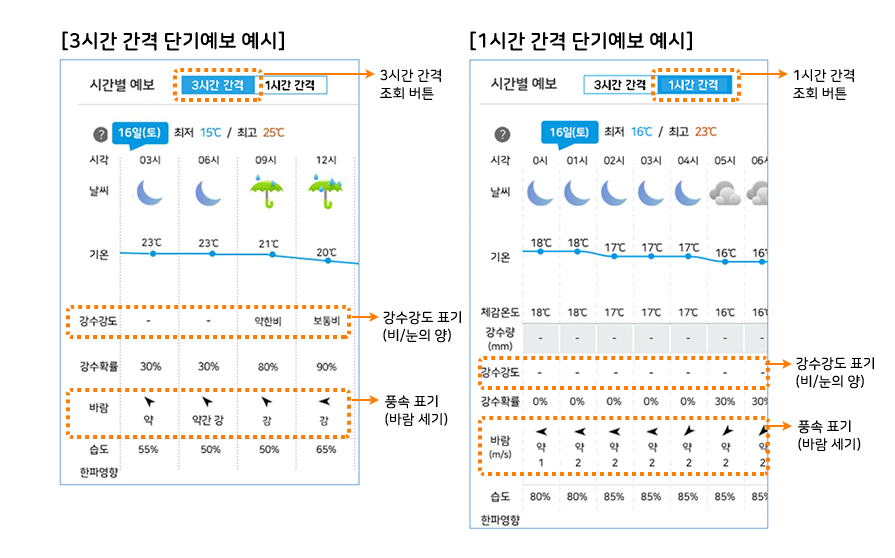3시간 간격 단기예보 예시, 1시간 간격 단기예보 예시