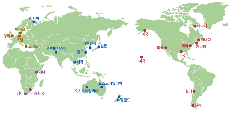세계주요기상팩시밀리 방송센터 지도 - 러시아, 독일, 덴마크, 영국, 그리스, 남마프리카공화국, 오스트레일리아, 뉴질랜드, 중국, 한국, 일본, 타이, 미국, 캐나다, 칠레, 이탈리아, 우즈베키스탄, 케냐