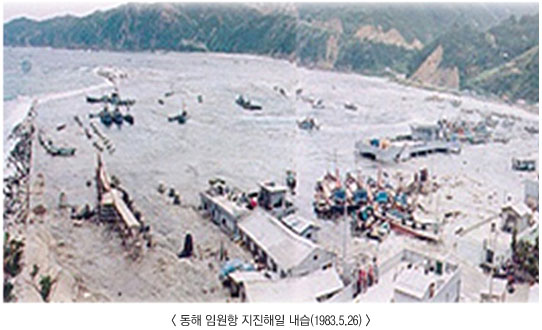 1983년 5월 26일 일본 혼슈 아키다현 서쪽 근해에서 발생한 지진해일이 동해 임원항에 내습한 광경으로 해안가 인근 가옥과 선박들에 피해 발생 